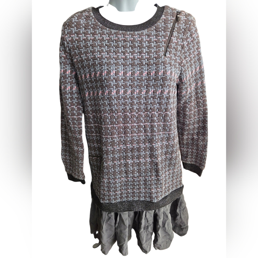 Nicole Miller Womens Houndstooth Pleat Shift Dress Grey Size M